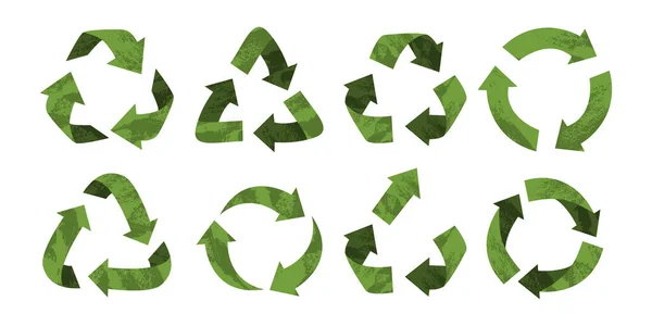 Ανακύκλωση Διανυσμάτων Πινακίδες Upcycling Μεμονωμένα Εικονίδια Λευκό Φόντο Πράσινα Σύμβολα — Διανυσματικό Αρχείο