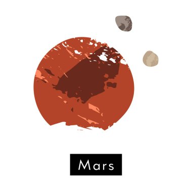 Mars. Gezegen, uydu Phobos ve Deimos, güneş sistemi. Göksel cisim, kozmik cisim. Astronomi, astrofizik. Vektör düz çizgi film illüstrasyonu