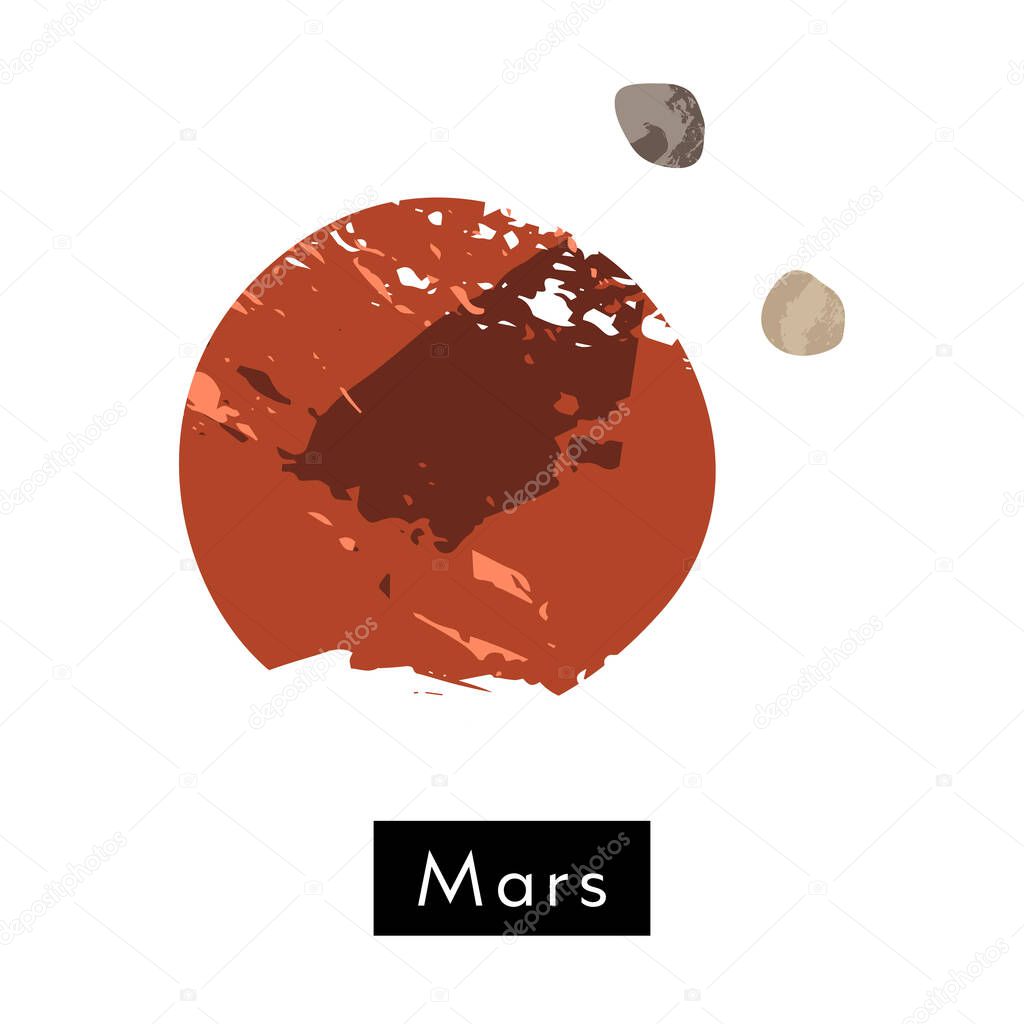 Mars. Planet, satellite Phobos and Deimos, solar system. Celestial body, cosmic object. Astronomy, astrophysics. Vector flat cartoon illustration