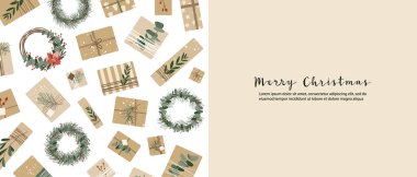 Kraft kağıdında Noel hediyeleri, çelenkler. Kırsal el sanatları hediye kutusu. Eko dekorasyon, okaliptüs, ladin. Xmas ve Yeni Yıl Kutlama Hazırlığı. Vektör düz çizgi film illüstrasyonu, kış afişi