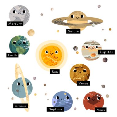 Gülümseyen yüzlü sevimli kawaii gezegen karakteri. Tuhaf gök cisimleri. Güneş, Merkür, Venüs, Dünya, Ay, Mars, Jüpiter, Satürn, Uranüs, Neptün. Astronomi. Vektör düz çizgi film illüstrasyonu