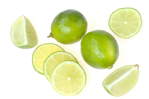 Fruits Lime Entiers Coupés Isolés Sur Fond Blanc — Photo