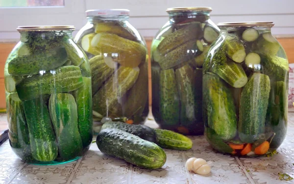 Gekookte Komkommers Drie Liter Potten Gekookt Voor Winter — Stockfoto