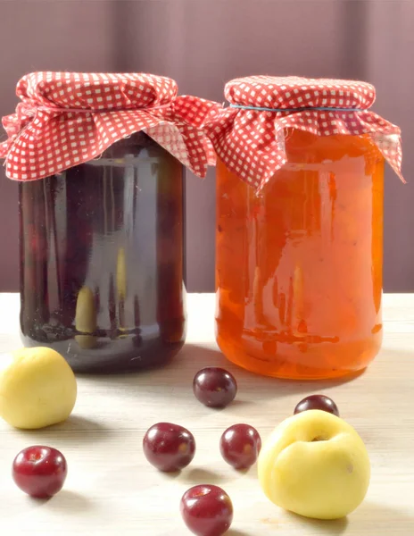 Two Glass Jars Jam One Apricot Other Cherry — Stock Photo, Image