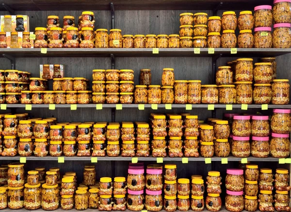 Verkoop Van Honing Een Gespecialiseerde Winkel Honing Potten Van Verschillen — Stockfoto