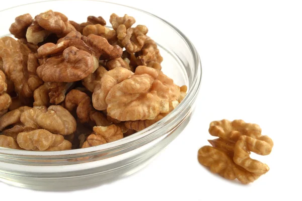 Walnuts in a glass dish — Stock Photo, Image