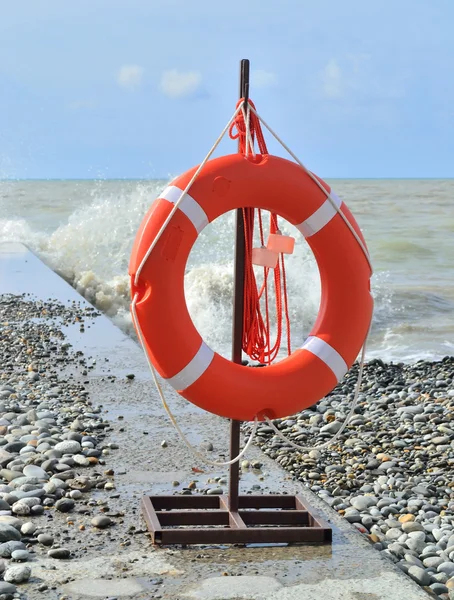 Deniz kenarına iliştirilmiş lifebuoy — Stok fotoğraf