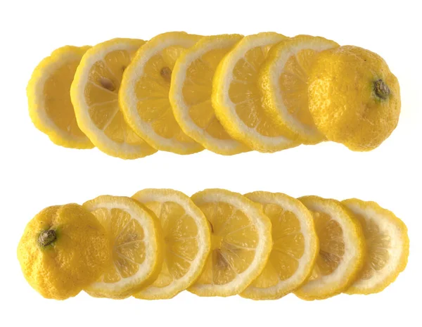 Colagem Frutas Limão Maduras Cortadas Partes Iguais Colocadas Fileiras Fundo — Fotografia de Stock