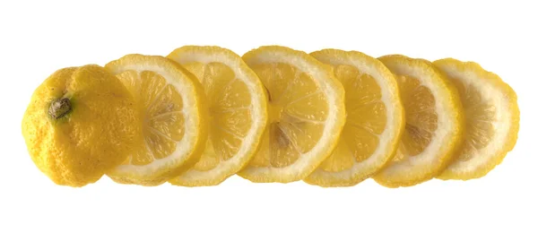 Lemon Sliced Wedges Laid Out Row White Background — Stock Photo, Image