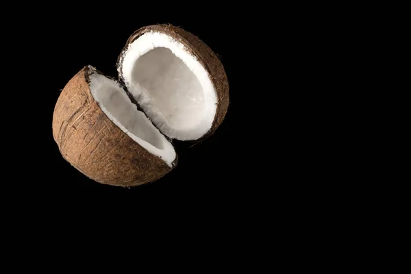 One Ripe Coconut Divided Two Parts Black Background — Stock Photo, Image