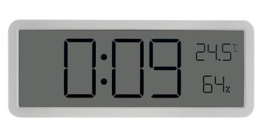 Beyaz parmaklı büyük duvar saati, alarm sistemi ve sıcaklık ölçümü. İzolasyonda beyaz bir arkaplanda.