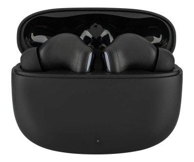 Modern, tamamen kablosuz kulaklıklar, içinde parlak eklemler olan mat siyah bir çantada. İzolasyonda beyaz bir arkaplanda