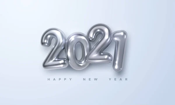 Happy New 2021 Year. Holiday vector illustration of silver metallic numbers 2021. Realistic 3d sign. Festive poster or banner design