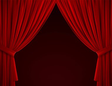 Kırmızı perde arkaplanı. Gerçekçi vektör çizimi. Tekstil perdeleri. Katlanmış kadife kumaş. Tasarım için dekorasyon öğesi. Tiyatro, sinema veya ev içi nesne