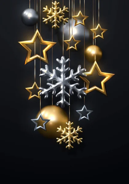 闪闪发光的金色和银色雪花 圣诞球和黑色背景的星星 矢量三维的发光挂圣诞装饰品的插图 新年封面设计 寒假装饰 — 图库矢量图片