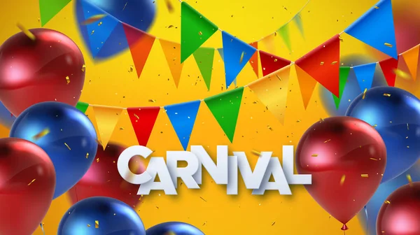 Banner Carnaval Etiqueta Papel Con Confeti Dorado Brillante Banderas Coloridas — Vector de stock