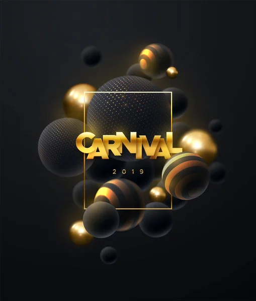 Carnaval Signo Oro Fondo Abstracto Con Esferas Burbujas Doradas Negras — Vector de stock