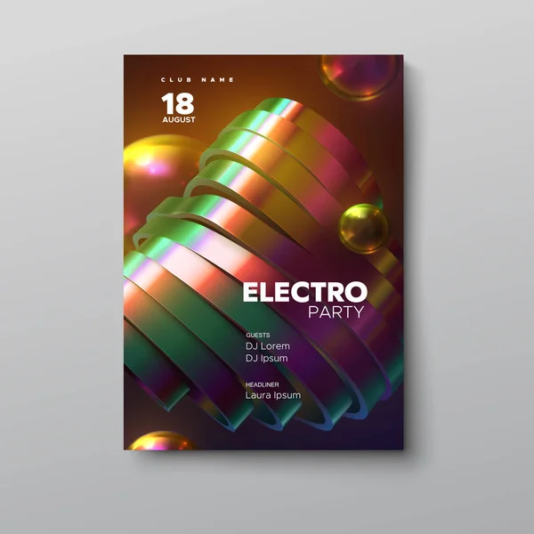 電子音楽祭広告ポスター 現代クラブのエレクトロパーティー招待状 3D抽象的な虹彩スライスされた表面を持つベクトルイラスト ダンスミュージックイベントカバー — ストックベクタ