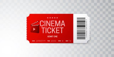 Sinema bileti şeffaf arkaplanda izole edildi. Vektör gerçekçi illüstrasyon. Film giriş kuponu tasarımı