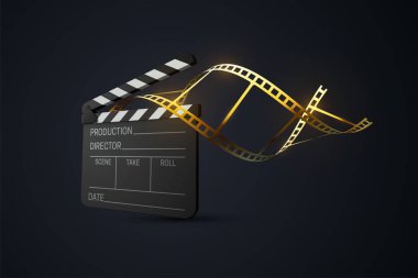 Kıvrımlı altın renkli film şeritli alkış tahtası. Sinema yapımı, medya endüstrisi konsepti. Vektör 3 boyutlu illüstrasyon. Gerçekçi film yapma ekipmanları. Film yapım tabelası. Sinematografi ödülü sembolü