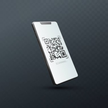 QR kodlu gerçekçi akıllı telefon. Cep telefonu okuma matrisi barkodunun vektör teknolojisi çizimi.