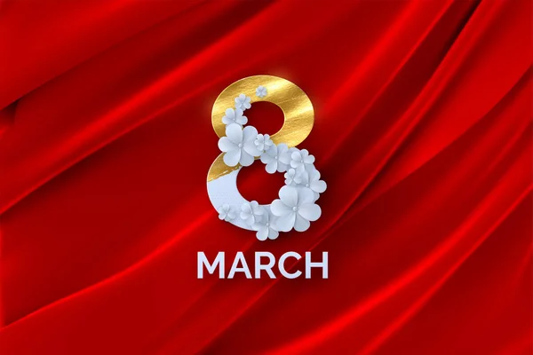 3月8日国際女性デー ベクター春休みイラスト 白花のガーランドと赤絹の背景に金色の塗料で8番目の紙 現代的なバナーデザイン フェミニズムの概念 — ストックベクタ