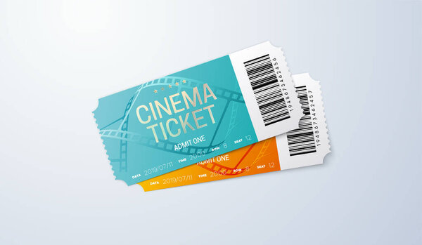 Cinema ticket isolated on transparent background. Vector realistic illustration. Movie admission coupon design