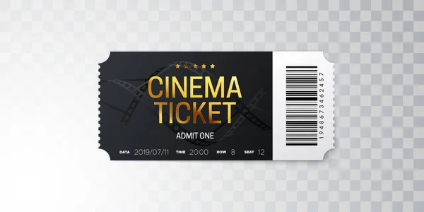 Biglietto Cinema Nero Isolato Sfondo Trasparente Illustrazione Realistica Vettoriale Ammissione — Vettoriale Stock