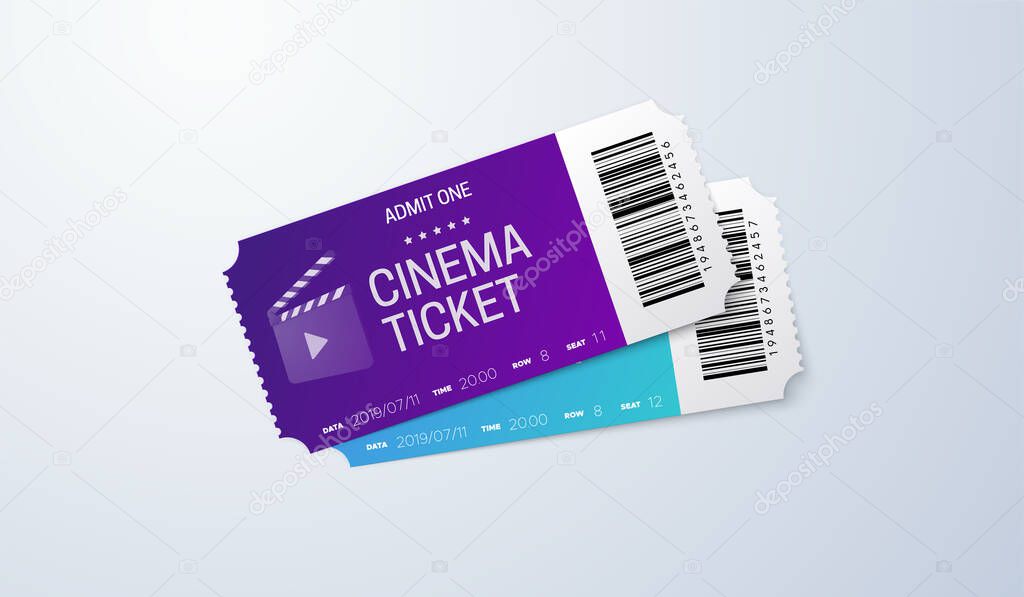 Cinema tickets on white background. Vector realistic illustration. Movie admissions. Coupon design. Top view