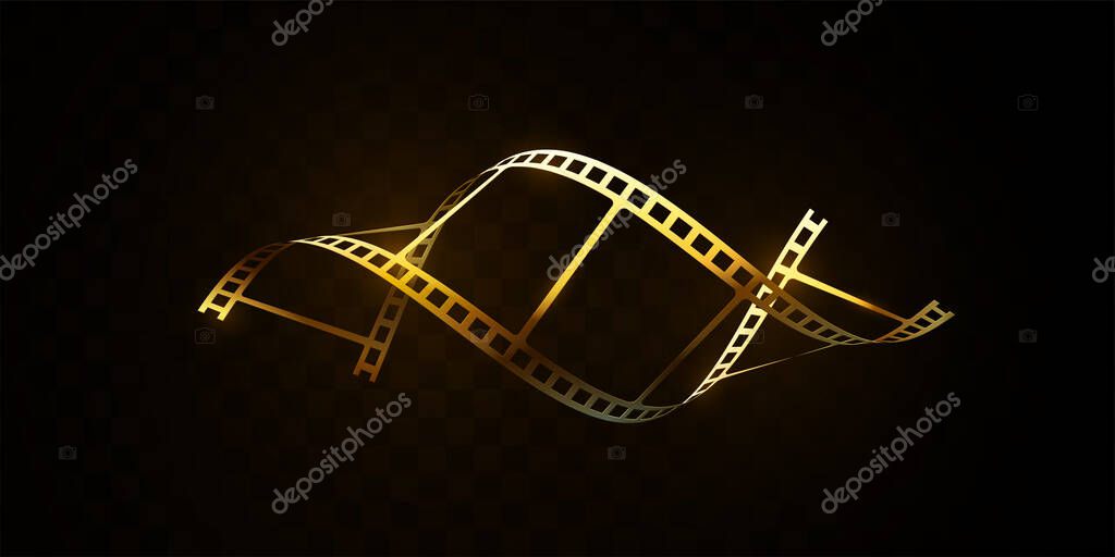 Golden film strip isolated on black background. Vector 3d illustration. DNA shape filmstrip. Filmmaking concept. Cinema or animation sign. Cinematography festival award design