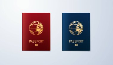 Uluslararası pasaport kalıpları. Beyaz arkaplanda geçiş veya kimlik gösterimi izole edildi. Vatandaşlık kavramı