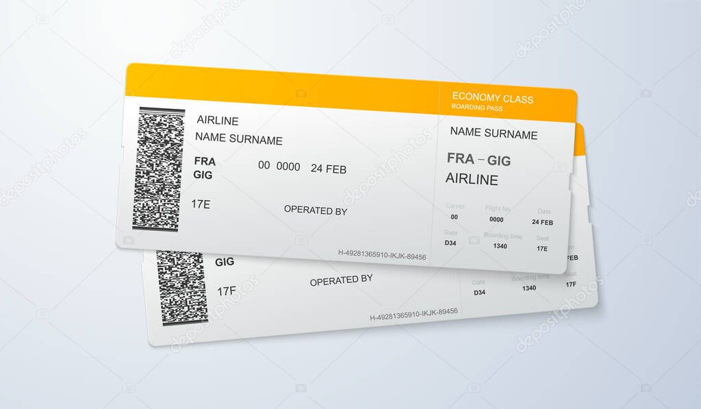 Airline boarding passes template. Vector illustration of flight tickets layout with QR code. Transportation, business or travel concept