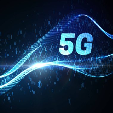 5G işareti. Sanal veri akışı. Veri iletimi. Teknoloji geçmişi. Vektör çizimi. Yeni nesil kablosuz yüksek hızlı internet bağlantısı. Mobil ağ standardı. Parlayan dalga
