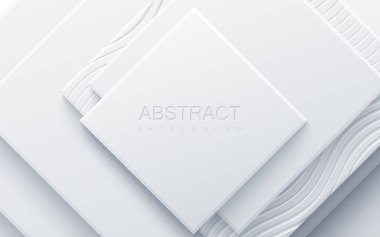 Modern kapak tasarımı. Vektör çizimi. Reklam pankartı tasarımı. Dalgalı süslemelerle dokulu beyaz geometrik uçaklar ile soyut bir arkaplan. Kare şekilli mimari bileşim