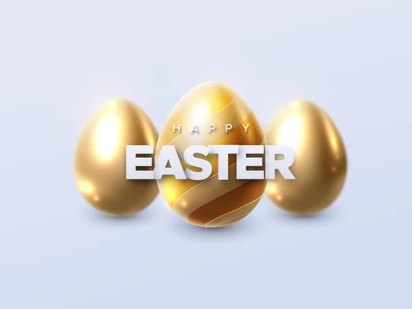 Happy Easter Vector Holiday Illustration White Sign Shiny Golden Easter — Stock Vector