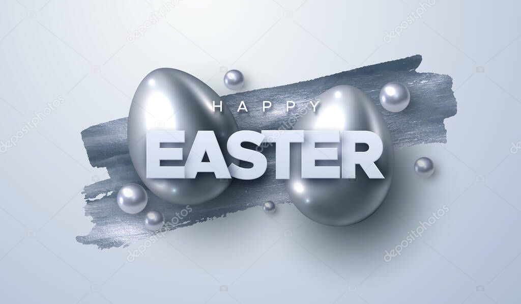 Happy Easter. Vector holiday illustration of white sign, silver eggs and paint background. Christian religion event. Festive banner. Modern cover design