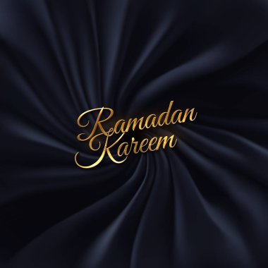 Ramazan Kareem. Siyah ipeksi kumaş. Müslümanların kutsal Ramazan tabelasının soyut arkaplanı. Vektör 3 boyutlu illüstrasyon. Katları ve perdeleri olan bir tekstil. Tasarım için dekorasyon ögesi