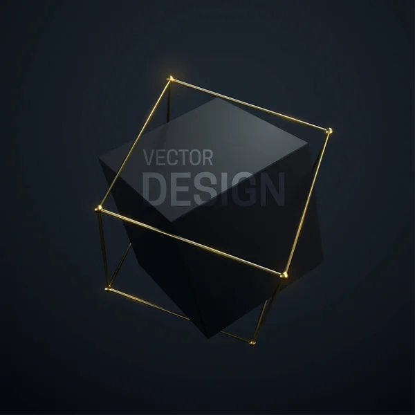 Abstract geometric composition with black cube and golden lattice structure. — Stock Vector