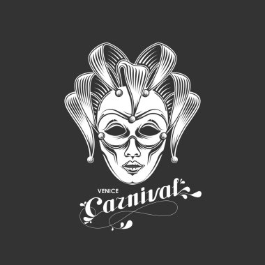 Venedik karnaval maskesi amblemi ve süslü yazı logo oyma illüstrasyon vektör. Venedik Karnavalı sembolü