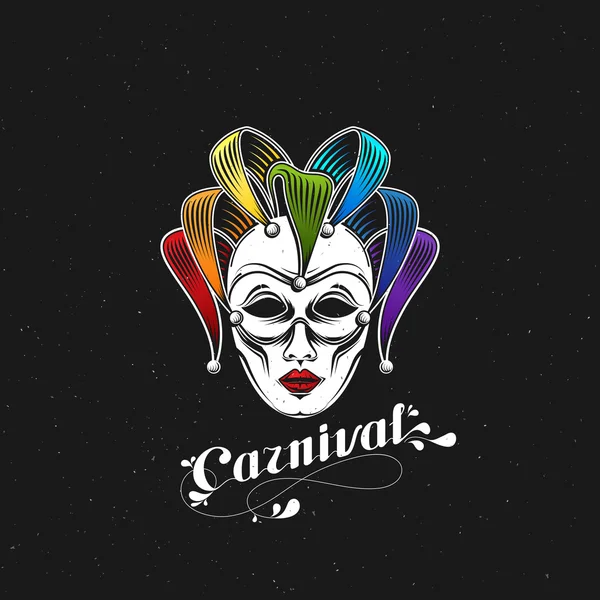 Vector illustration of engraving rainbow carnival mask emblem and ornate lettering logo. Masquerade symbol — Stock Vector