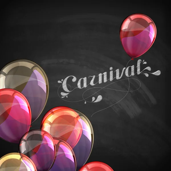 Векторна типографічна ілюстрація орнаментального крейдяного слова карнавалу на текстурі дошки з різнокольоровими літаючими кульками — стоковий вектор