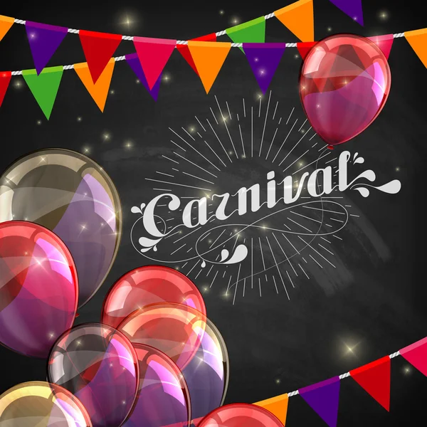 Vektor typografische Illustration des kunstvollen Kreidewortes Karneval auf der Tafel Textur mit bunten fliegenden Luftballons und festlichen Fahnen — Stockvektor