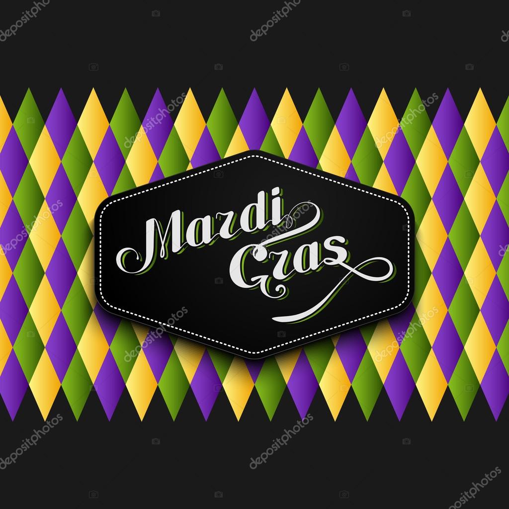 Vector illustration of Mardi Gras or Shrove Tuesday lettering label on checkered background. Holiday poster or placard template