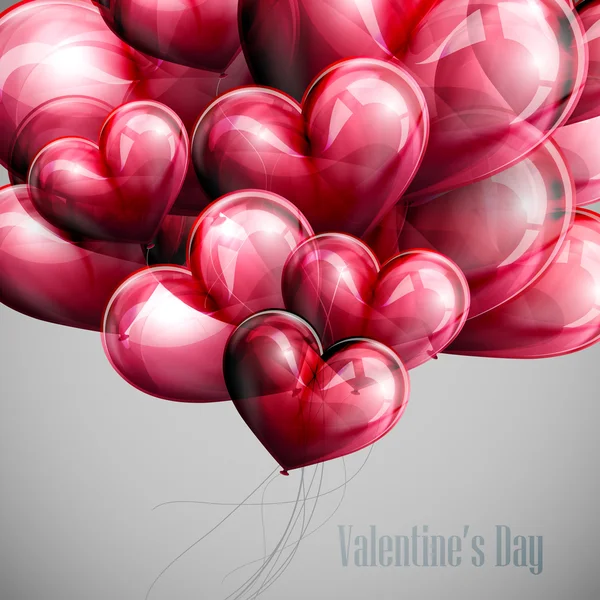 Vector holiday illustration of flying bunch of red balloon hearts. Happy Valentines Day — Stock Vector