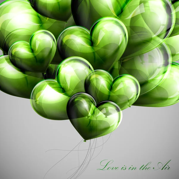 Illustration vectorielle de vacances de bouquet volant de cœurs de ballon vert. Saint Valentin ou fond de mariage. L'amour est dans l'air — Image vectorielle