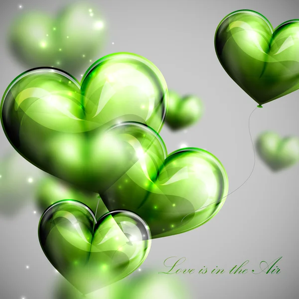 Векторная праздничная иллюстрация летающей связки сердец из зелёных шаров. День Святого Валентина или свадебный фон. Любовь витает в воздухе — стоковый вектор