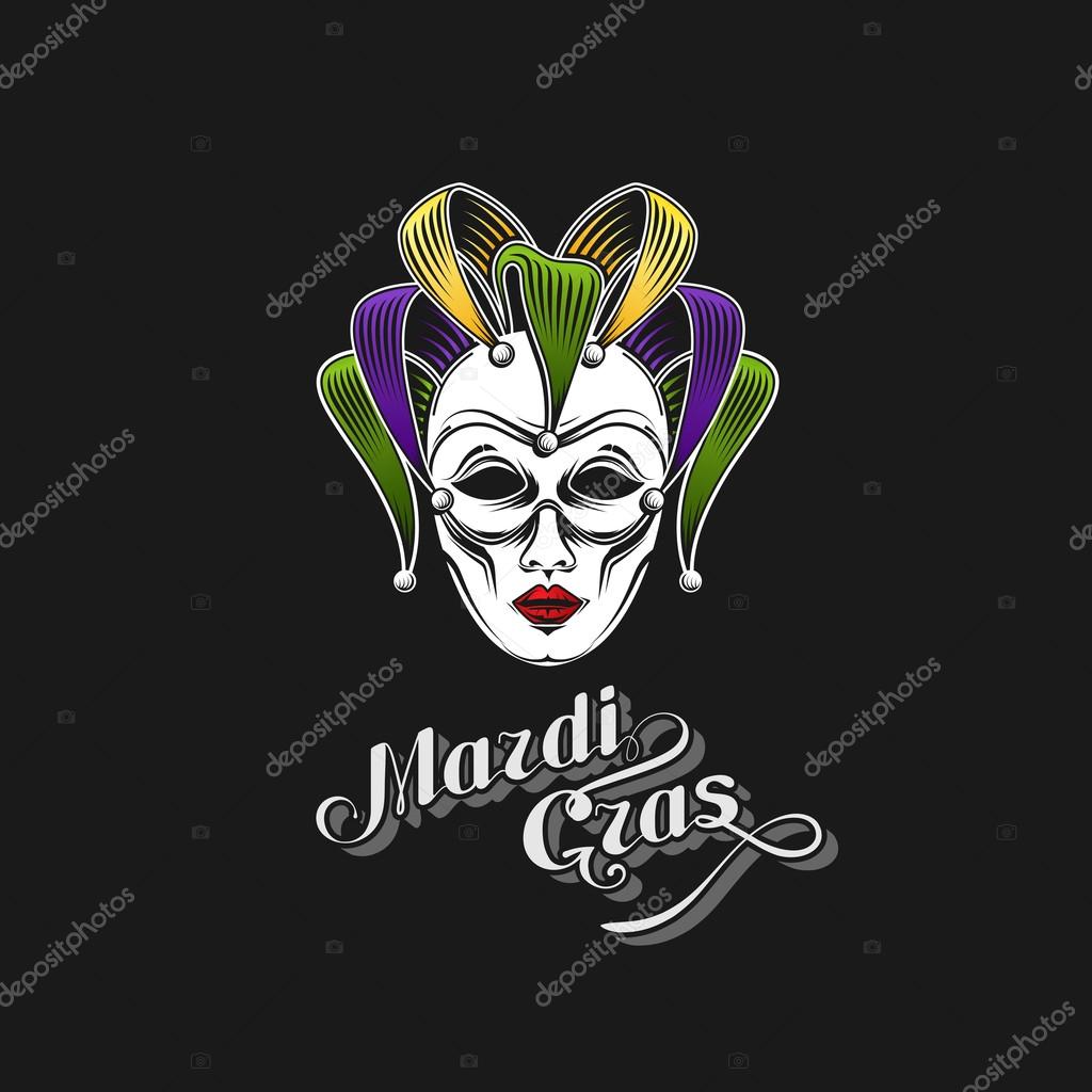 Vector illustration of engraving Mardi Gras or Shrove Tuesday carnival mask emblem and ornate lettering logo. jester symbol