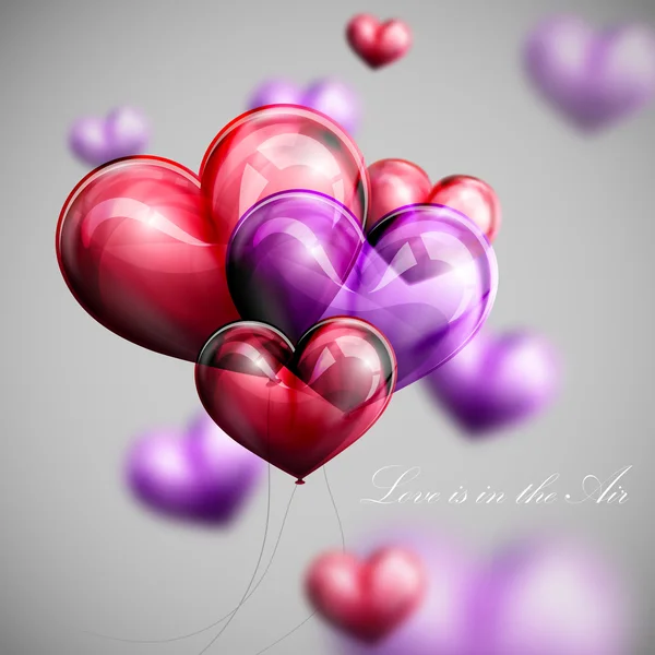 Vetor de férias ilustração de voar cacho de corações de balão multicoloridos. Dia dos Namorados ou fundo do casamento. O amor está no ar —  Vetores de Stock