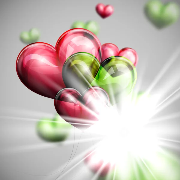 Векторная праздничная иллюстрация летающей связки разноцветных воздушных сердец с блестящей вспышкой, взрывом или вспышкой. День святого Валентина или свадебный фон . — стоковый вектор