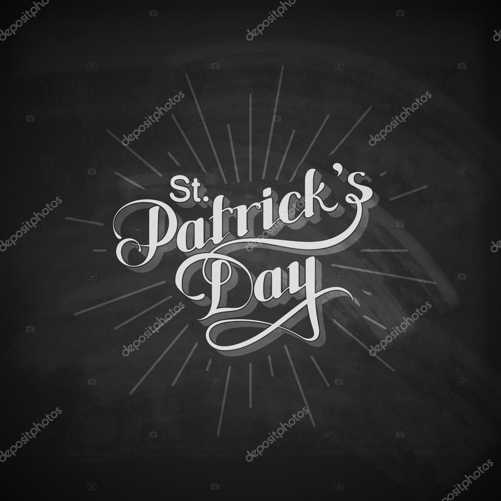Vector chalk typographical illustration of handwritten Saint Patricks Day label with light rays on the blackboard background. holiday lettering composition